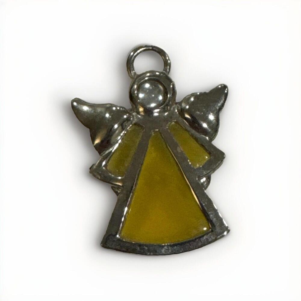 Stained Glass Angel Christmas Pin Brooch Metal Yellow Silver Tone 1 3/4-in